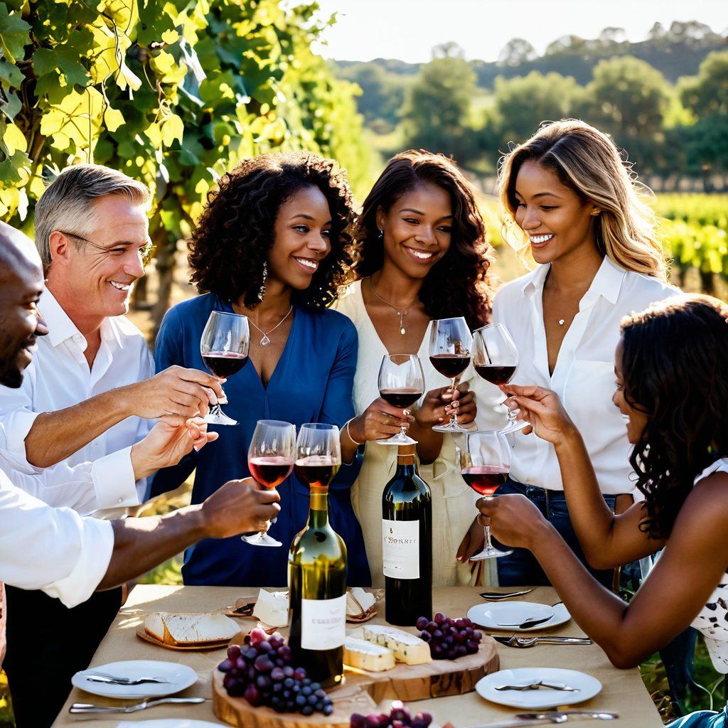 An elegant gathering of diverse professionals in a sunlit vineyard, engaged in wine tasting and lively discussions at a festival. Wine glasses clink together, surrounded by tables filled with wine bottles and artisanal cheeses. Lush grapevines frame the scene, and the setting sun casts a warm glow. Attendees wear stylish outfits, exuding camaraderie and expertise. A banner in the background reads 'Join the Wine Society'. super-realistic. vibrant colors. warm ambiance.