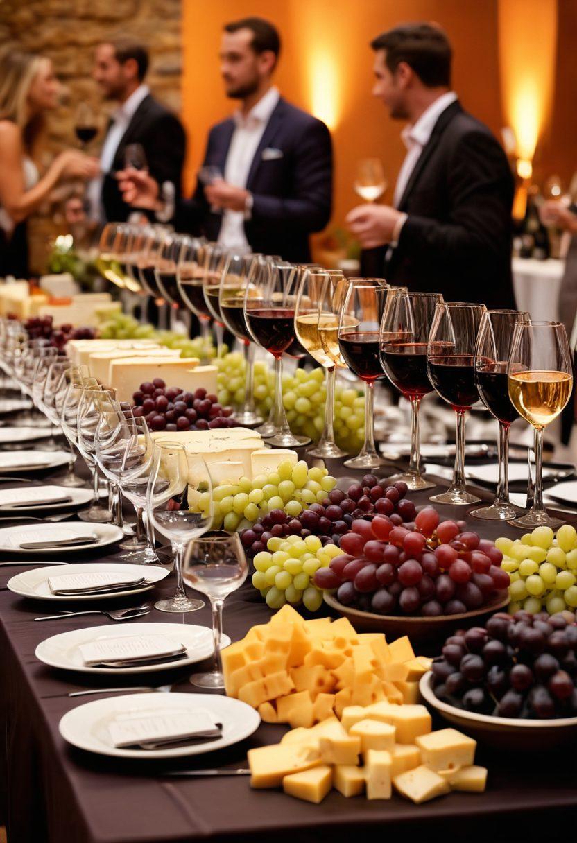 A beautifully arranged wine tasting table featuring an array of elegant wine glasses filled with different wines, surrounded by vibrant grapes and cheese platters. Soft ambient lighting casts a warm glow over a backdrop of a bustling wine festival with attendees savoring and discussing the drinks. Include a sommelier expertly pouring wine and explaining the flavors, capturing the essence of educational tasting events. super-realistic. vibrant colors. festive atmosphere.