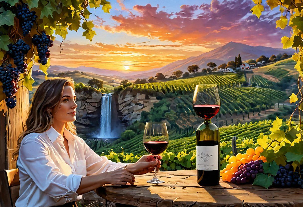 A serene vineyard landscape at sunset, with a vineyard owner holding a glass of wine, surrounded by lush grapevines and soft golden light. Include a close-up of wine glasses filled with deep red and white wines on a rustic wooden table, while a cascading waterfall and rolling hills create a peaceful backdrop. The sky is painted with vibrant oranges and purples. painting. vibrant colors.